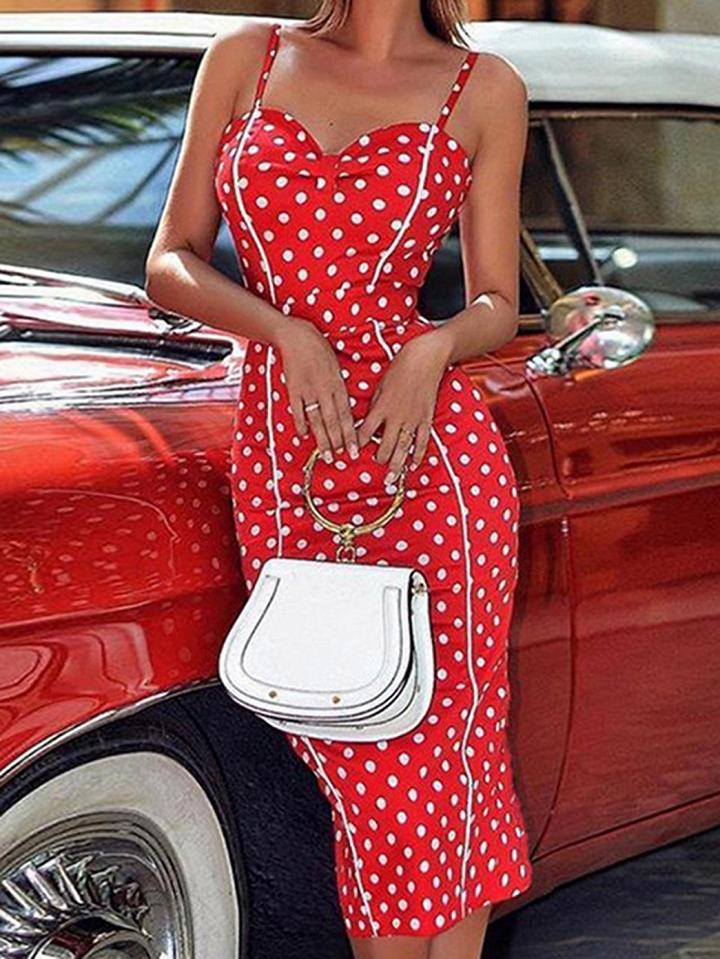 Choies Red V-neck Polka Dot Print Chic Women Bodycon Cami Midi Dress