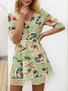 Choies Green V-neck Floral Print Cut Out Detail Mini Dress