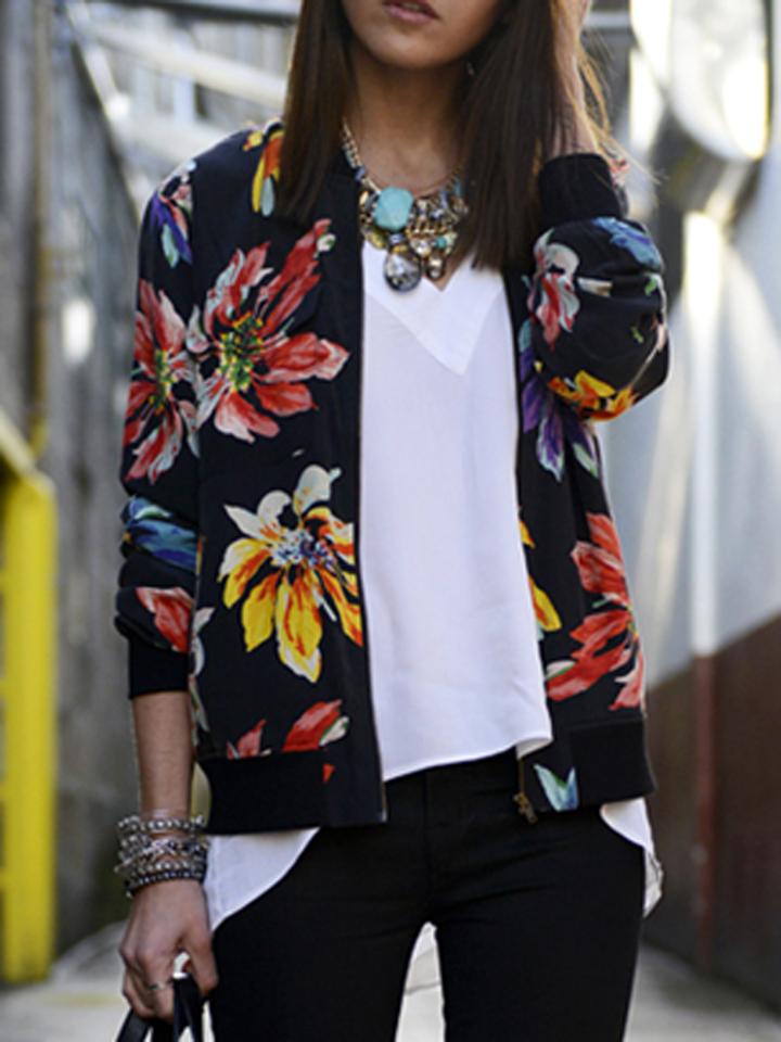Choies Black Floral Rib Detail Bomber Jacket