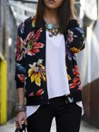 Choies Black Floral Rib Detail Bomber Jacket