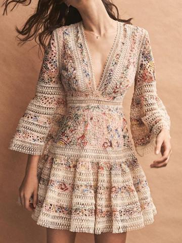 Choies Polychrome Cotton Plunge Floral Print Chic Women Mini Dress