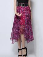 Choies Rose Red Floral High Waist Asymmetric Hem Midi Skirt