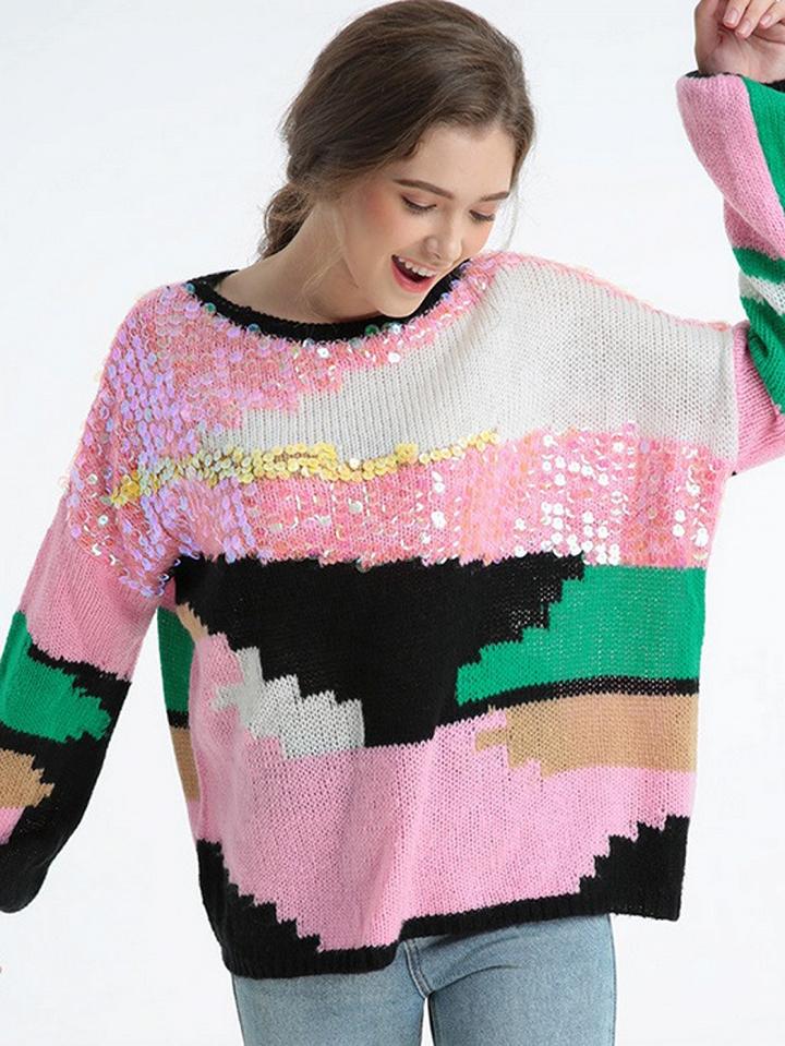 Choies Pink Contrast Sequin Detail Knit Sweater