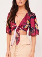 Choies Burgundy Plunge Floral Print Tie Front Chic Women Crop Blouse
