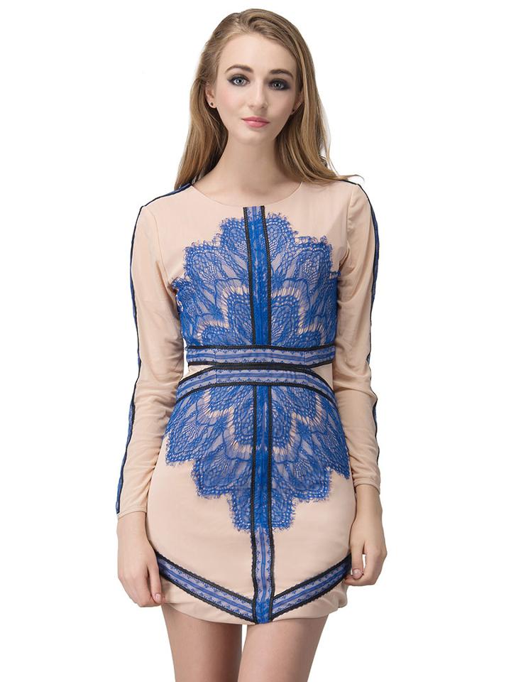 Choies Blue Centralizing Lace Long Sleeve Bodycon Dress