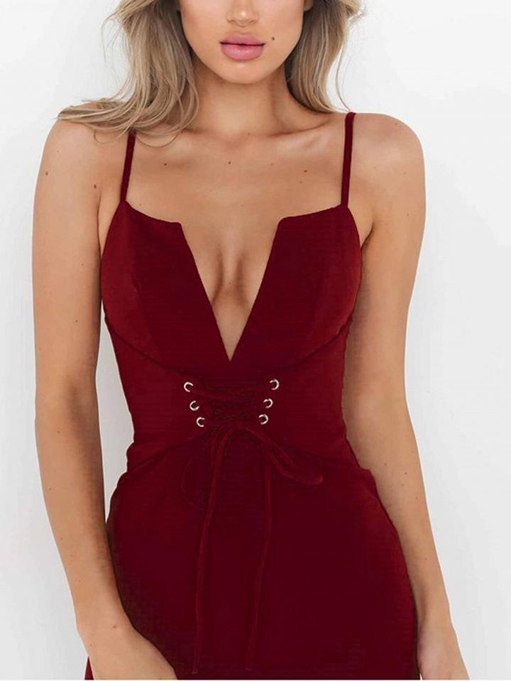 Choies Burgundy Spaghetti Strap Plunge Lace Up Front Bodycon Dress