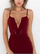 Choies Burgundy Spaghetti Strap Plunge Lace Up Front Bodycon Dress