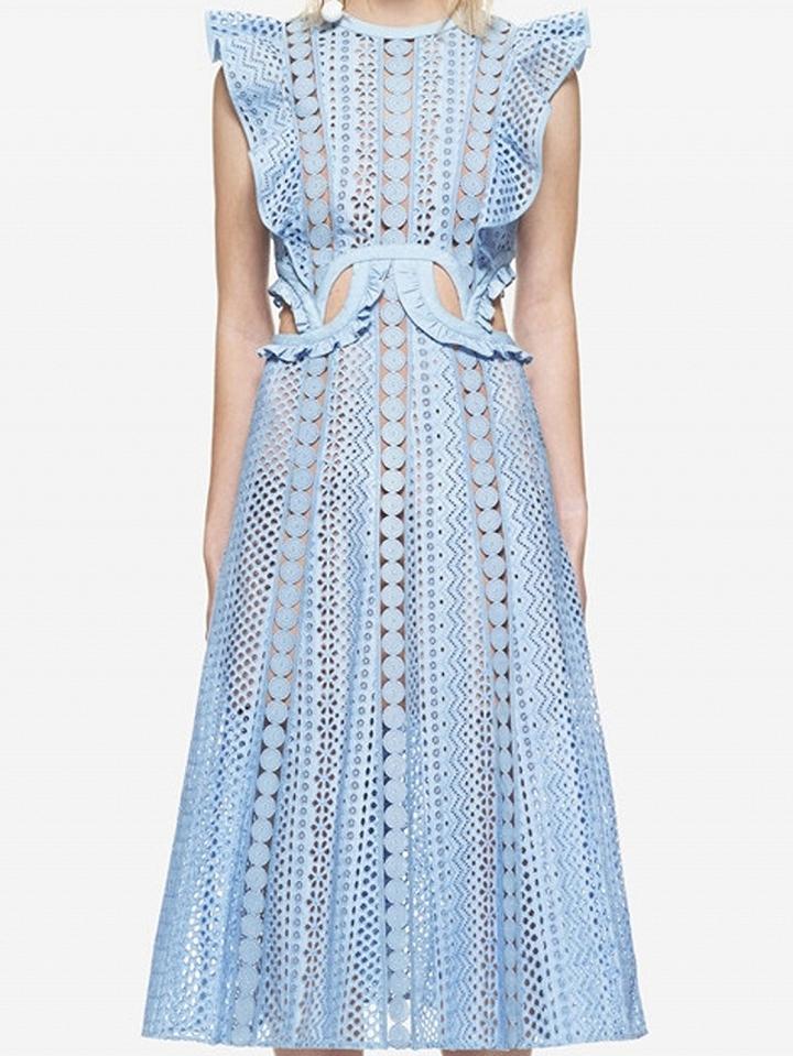 Choies Blue Ruffle Sleeve Cut Out Lace Midi Dress