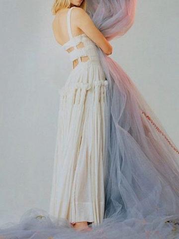 Choies White Cotton Ruched Detail Open Back Vintage Women Maxi Dress
