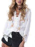 Choies White Lace Up Front Lace Panel Long Sleeve Blouse