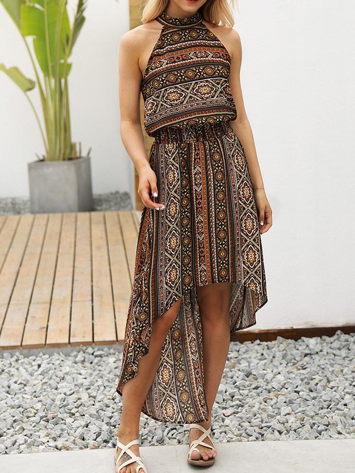 Choies Brown Halter Folk Print Open Back Hi-lo Dress