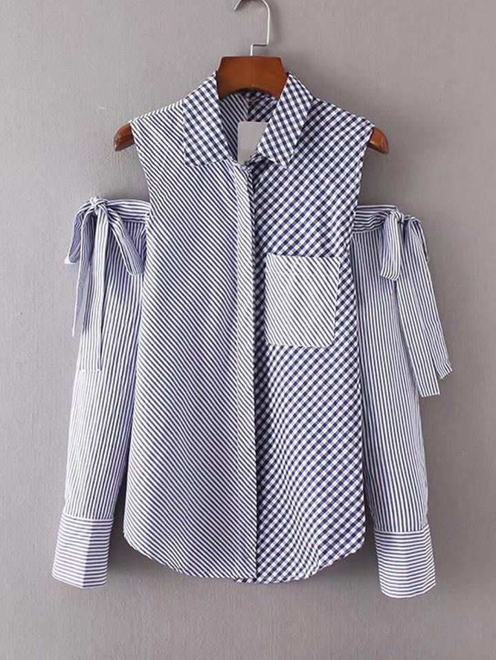 Choies Blue Stripe And Gingham Mixed Cold Shoulder Tied Sleeve Shirt