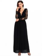Choies Black Plunge Lace Panel Open Back Long Sleeve Maxi Dress
