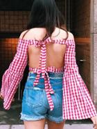 Choies Red Plaid Flared Sleeve Backless Crop Top