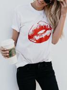 Choies White Crew Neck Red Lips Print T-shirt