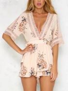 Choies Light Pink V Neck Wrap Floral Print Lace Trim Cut Out Back Romper