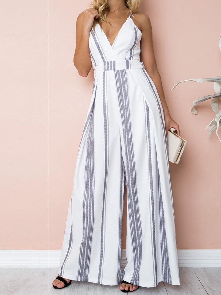Choies Gray Stripe V-neck Open Back Chic Women Cami Romper Jumpsuit
