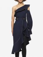 Choies Blue One Shoulder Ruffle Trim Long Sleeve Asymmetric Dress