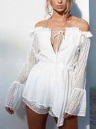 Choies White Off Shoulder Tie Front Flared Sleeve Cutwork Lace Blouse Top
