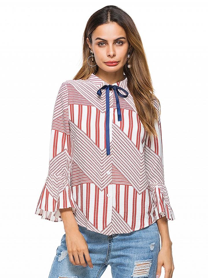 Choies Red Stripe Bow Tie Front Flare Sleeve Shirt