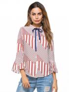Choies Red Stripe Bow Tie Front Flare Sleeve Shirt