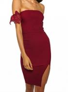 Choies Burgundy Off Shoulder Lace Sleeve Split Bodycon Dress