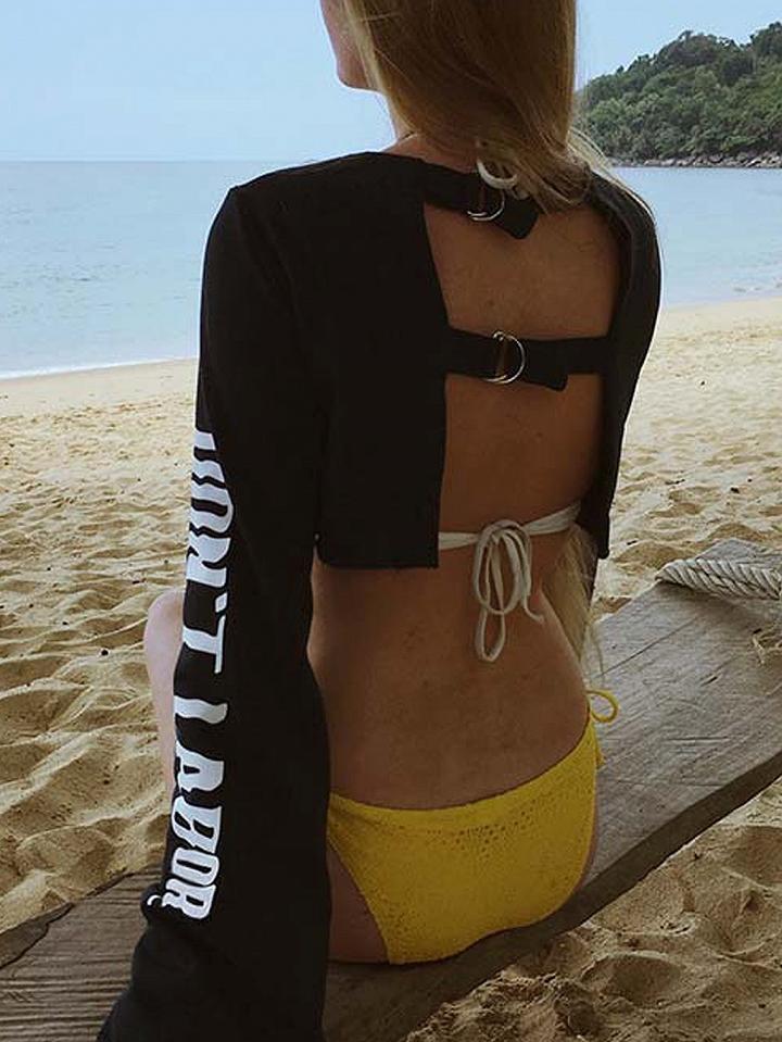 Choies Black Letter Print Flare Sleeve Cut Out Back Cropped Sweatshirt