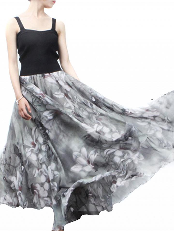 Choies Gray High Waist Floral Print Maxi Skirt