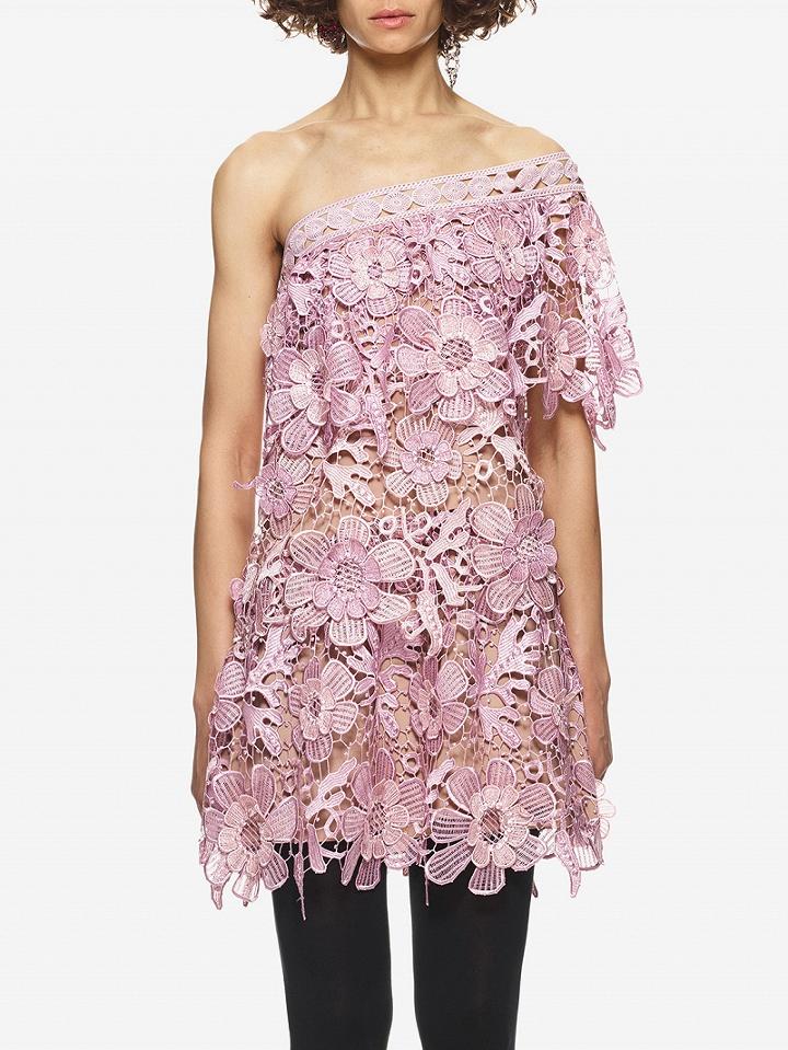 Choies Pink One Shoulder 3d Lace Applique Floral Mini Dress
