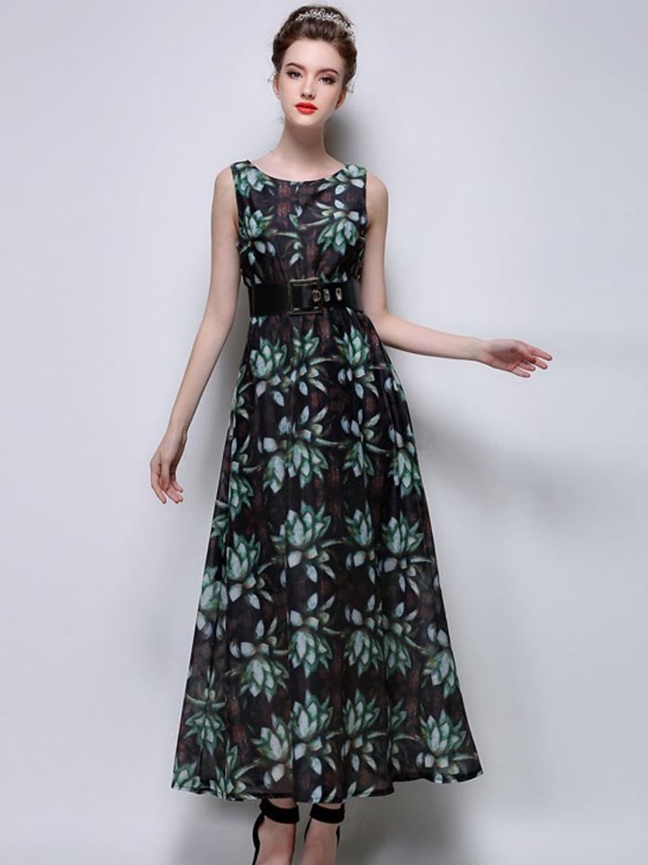 Choies Dark Green Lotus Print Round Neck Maxi Dress And Belt