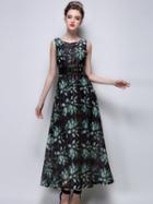 Choies Dark Green Lotus Print Round Neck Maxi Dress And Belt