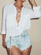 Choies White Lace Up Front Pocket Chiffon Shirt
