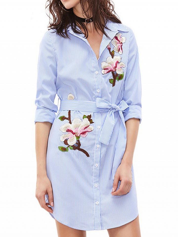 Choies Blue Stripe Flower Patch Tie Waist Long Sleeve Shirt Dress
