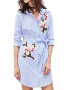 Choies Blue Stripe Flower Patch Tie Waist Long Sleeve Shirt Dress