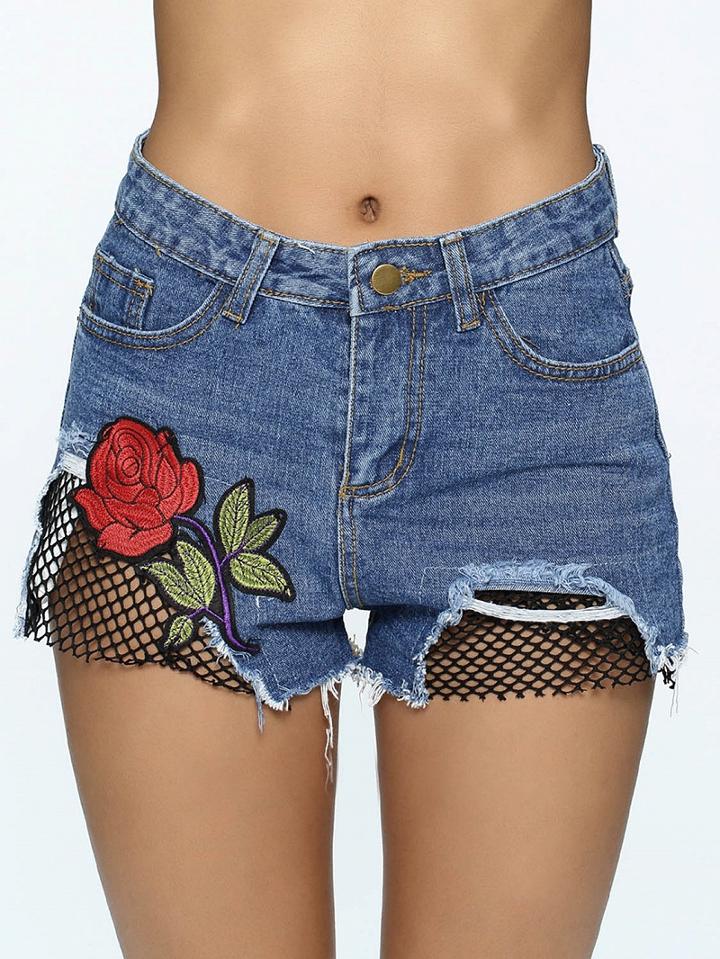 Choies Blue Embroidery Floral Fishnet Panel Denim Shorts
