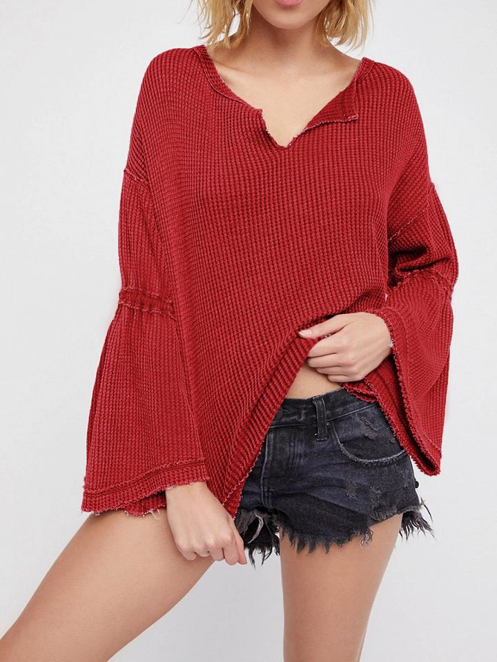 Choies Red Cotton Blend V-neck Flare Sleeve Chic Women Sweater