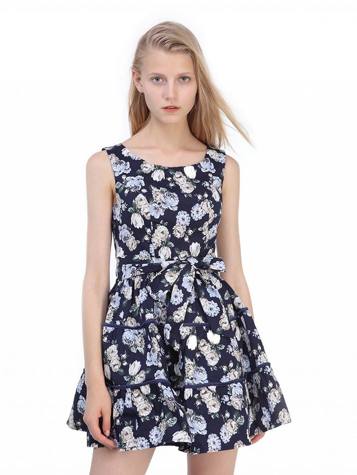 Choies Blue Floral Print Bowknot Front Square Neck Skater Dress