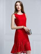 Choies Red Lace Detail Cut Out Back Ruffle Asymmetric Hem Dress