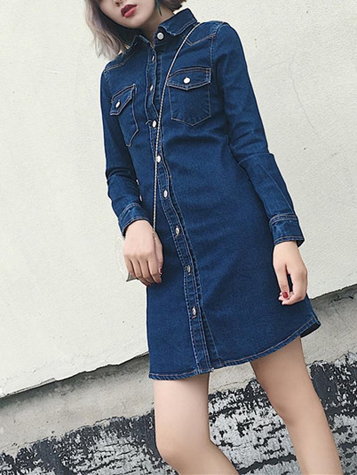 Choies Blue Button Front Long Sleeve Denim Mini Shirt Dress