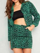 Choies Green Leopard Print Long Sleeve Jacket And High Waist Mini Skirt