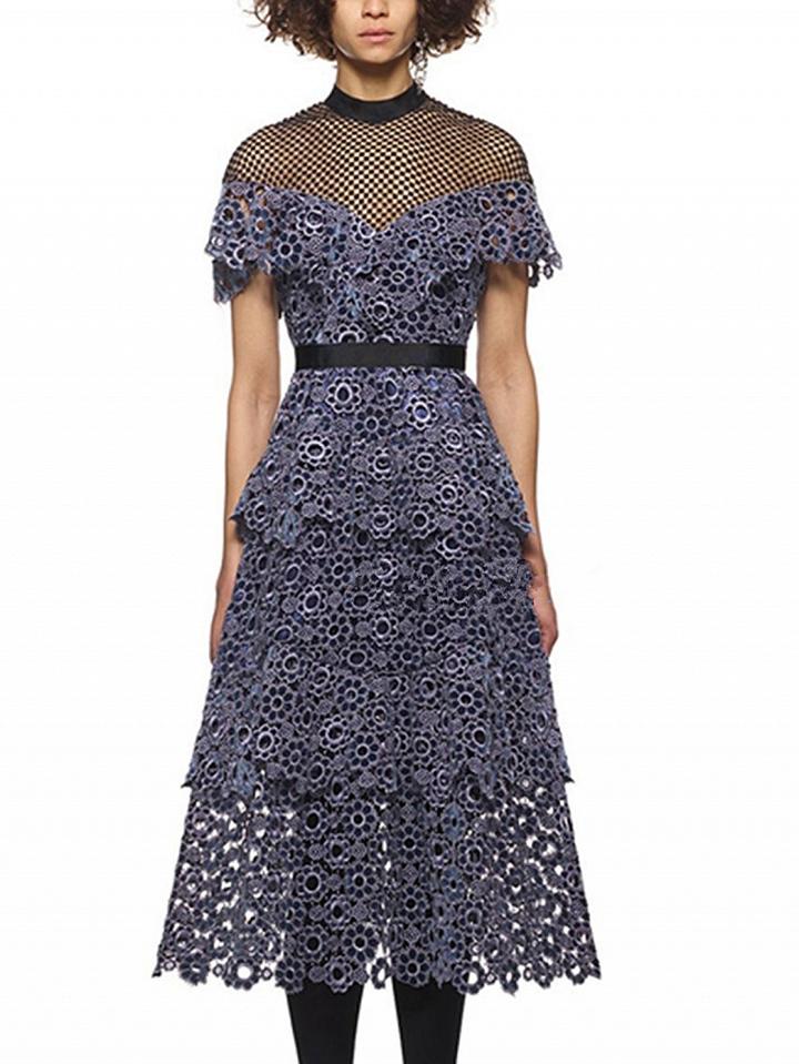 Choies Purple Sweetheart Sheer Mesh Cut Out Lace Layered Midi Dress
