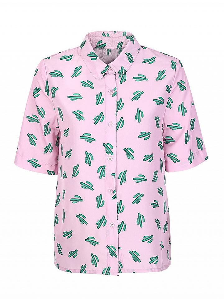 Choies Pink Cactus Print Short Sleeve Shirt