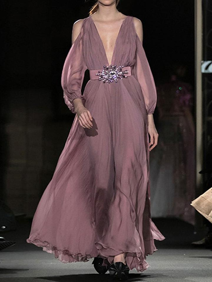 Choies Pink Chiffon Plunge Cold Shoulder Puff Sleeve Women Maxi Dress