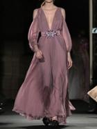 Choies Pink Chiffon Plunge Cold Shoulder Puff Sleeve Women Maxi Dress