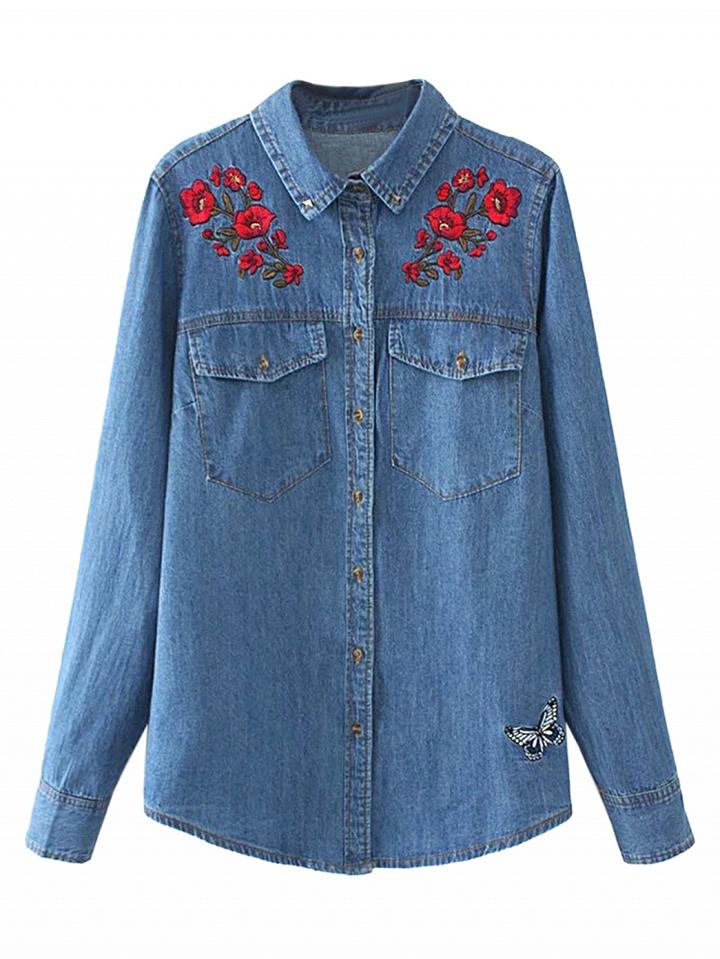 Choies Blue Embroidery Floral Pocket Long Sleeve Denim Shirt
