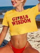 Choies Yellow Cotton Crew Neck Letter Print Chic Women Crop T-shirt