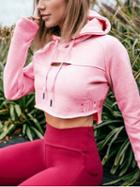 Choies Pink Drawstring Ripped Letter Embroidery Cropped Hoodie