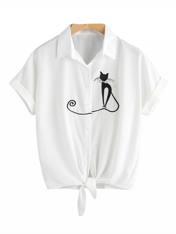 Choies White Cat Embroidery Tie Front Short Sleeve Shirt