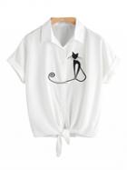 Choies White Cat Embroidery Tie Front Short Sleeve Shirt