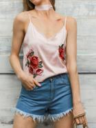 Choies Pink Embroidery Floral Choker Neck Cami Top